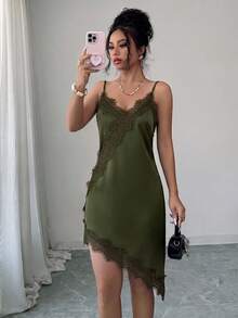 Rafferiza 女款優雅蕾絲拼接緞面細肩帶洋裝，適合度假與約會穿搭 - 軍綠色 - 查看 7