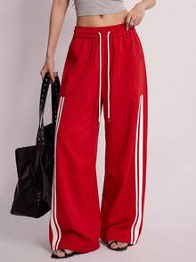 Rina Fox Women's Contrast Color Striped Drawstring Waist Long Pants - Red - View 3