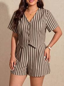 Melodosi Plus Size Striped Single-Breasted Shirt And Casual Shorts 2 Pieces Set - Multicolor - View 4
