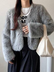 FRIFUL Women's Autumn Grey Short Versatile Faux Fur Jacket - Grey - View 2