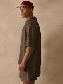 Musero Oversized Short Sleeve Deep V Neck Collared Drop Shoulder Thick Hem Linen Shirt Spring Summer Essentials Beachy Holiday - Brown - View 3