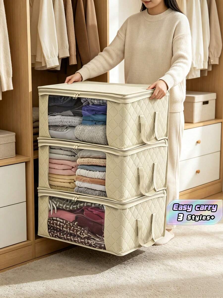 3Pcs Large Storage Bags Foldable Closet Organizer With Handle Thick Fabric For Clothes Blankets Comforters Sheets Pillows Duvet Mothproof Space Saver Home Decor Bedroom Storage For Adults - Beige - View 1