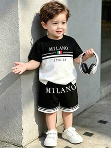 Souflis Souflis SHEIN 2件組男嬰休閒時尚度假格紋字母印花 MILANO, ITALIA 圓領短袖T恤與配套經典大字母印花短褲休閒套裝，夏季套裝，夏季，戶外，運動，適合戶外，運動，校園穿著，春/夏，韓系風格，返校，舒適易穿，時尚嬰兒，男童T恤，男童短褲，兒童圖案複製，新風格，春季氛圍與夏季度假氣息，返校，戶外活動，聚會，野餐，街拍，節日場合與禮物 - 彩色 - 查看 4