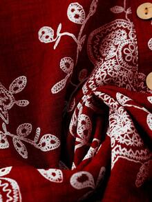 Linhara Plus Size Casual Chic 3/4 Sleeve Printed Blouse, Suitable For Spring, Summer & Autumn Fall - Burgundy - View 7
