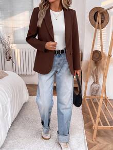SHEIN LUNE 2024秋冬新款灰綠色女款收腰鈕扣西裝外套，休閒風 - 棕色 - 查看 9