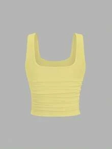 FavEase Solid Color Pleated Padded Fashionable Square Neck Casual Fitted Tank Top - Pale Yellow - View 2