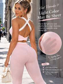 SHEIN Core Rhythm 1套粉色無縫運動套裝，無袖露背，柔軟舒適貼身，適合健身、跑步、休閒、瑜伽 - 粉色 - 查看 5