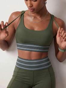 Zivah Women's Striped Cross Back Crop Tank Shorts 2 Pieces Workout Set Gym Athletic Outfit All Season - Army Green - View 6