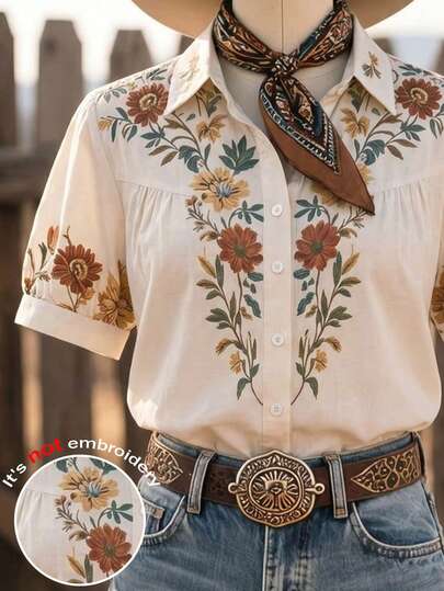 LanaWest CURVE Blus Wanita Ukuran Besar Tenun Reguler Musim Panas Gaya Amerika Barat Retro Motif Bunga Kerah Lengan Mengembang