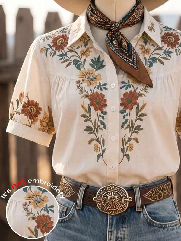 LanaWest CURVE Plus Size Women's Woven Regular Summer American Western Retro Floral Print Collar Puff Sleeve Blouse