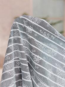 Serenescape Women's Light Gray Raglan Sleeve Lace Patchwork Neckline Ruffle Faux Drawstring Striped Paisley Pattern Woven Fabric Beach Vacation Loose Casual Wearable Short Sleeve Nightgown - Light Grey - View 7