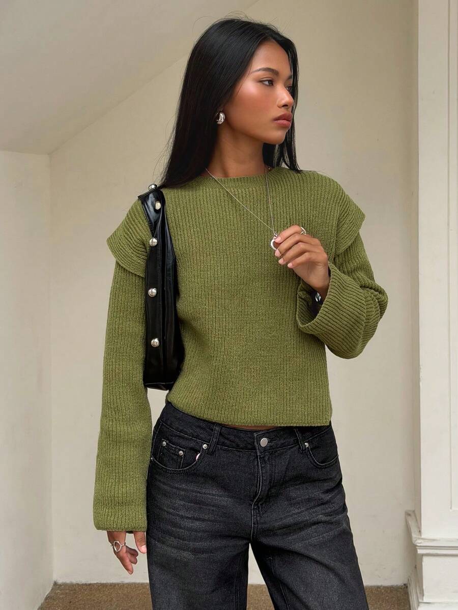 SHEIN BAE Sweater Pullover Off-Shoulder Wanita Reguler - Hijau - View 1