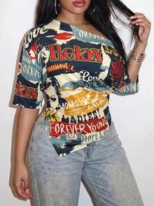 Slaydiva New Summer/Fall Plus Size Women's Asymmetrical Off Shoulder Top/Y2K/Streetwear/Back To School/Going Out/Club/Concert/Party/Chic/NIGHT/Retro Print - Multicolor - View 9