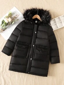 SHEIN Tween女孩休閒連帽拉鍊長款加厚外套，附口袋，百搭冬季黑色外套，秋季端莊約會穿搭，女孩Tween女孩冬季外套 - 黑色 - 查看 6