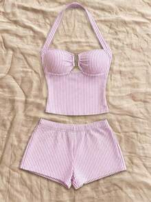 Soleia Women's Striped Pleated Halter Top And Shorts Casual Daily 2 Pieces Set - Pink - View 7