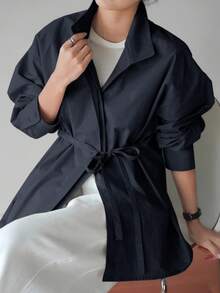 DAZY 女款寬鬆商務休閒優雅極簡辦公通勤長袖襯衫，附腰帶抽繩繫帶，海軍藍，秋季 - 藏蓝色 - 查看 2