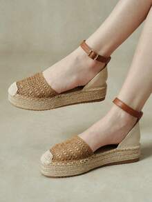 Styleloop Women's Camel Holiday Style Hollow Braided Strap Hemp Rope Platform Shoes - Camel - View 7