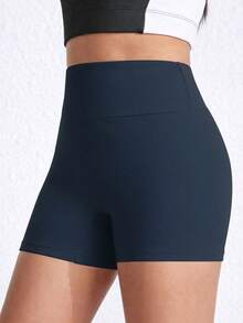 Teen Girls' Dark Blue. High-Waist Athletic Shorts, Made From High-Stretch Form-Fitting Fabric With A Sleek And Supportive Design, Perfect For Spring And Summer Activities Including Running, Gym Workouts, And Casual Sporty Wear - Navy Blue - View 1
