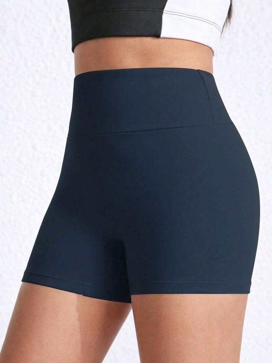 Teen Girls' Dark Blue. High-Waist Athletic Shorts, Made From High-Stretch Form-Fitting Fabric With A Sleek And Supportive Design, Perfect For Spring And Summer Activities Including Running, Gym Workouts, And Casual Sporty Wear - Navy Blue - View 1