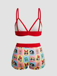 Chillnights THE POWERPUFF GIRLS X SHEIN 4pcs Plaid Camisole Bra & Hipster Panty Set - Multicolor - View 3
