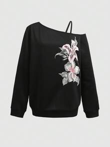 SHEIN 青少年女孩針織黑色露肩印花休閒衛衣 - 黑色 - 查看 1