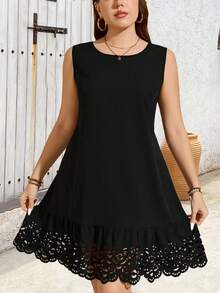 EMERY ROSE Plus Size Women Black Elegant Summer Tea Party Sleeveless Round Neck Hollow Eyelet Dress,Casual Printed Vacation Outfits Spring Dresses For Woman - Black - View 4