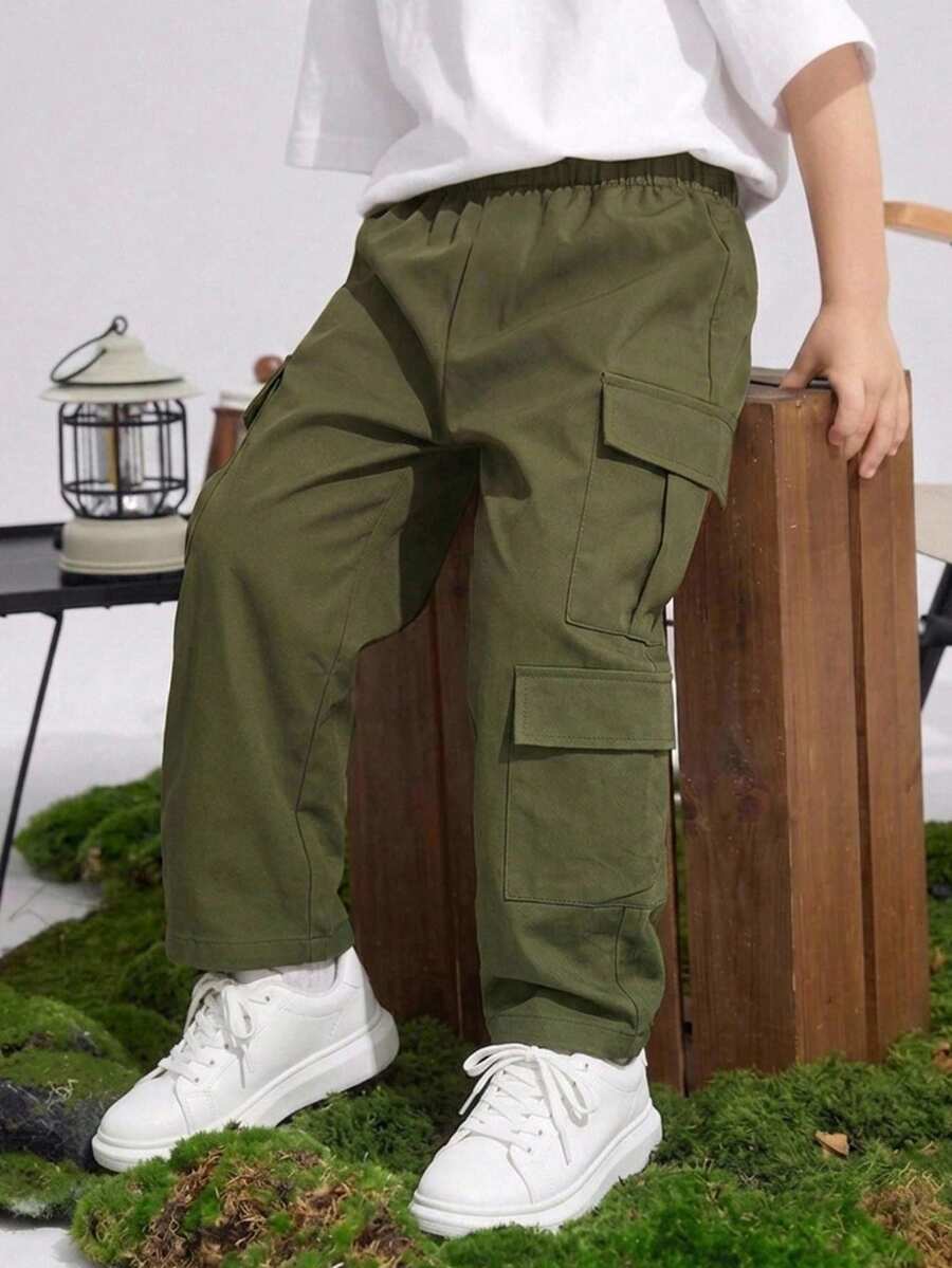 SHEIN Kids Tween Boy Sporty Casual Side Flap Pocket Army Green Cargo Pants - Army Green - View 1