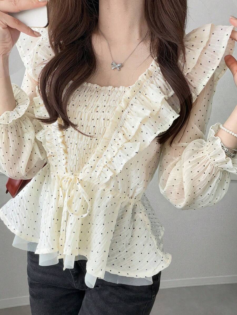 FRIFUL 女款法式甜美波點荷葉邊喇叭袖襯衫 - 杏色 - 查看 1
