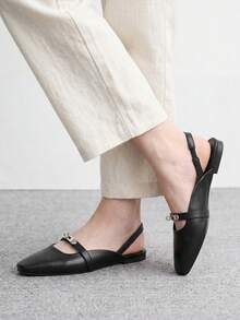 CUCCOO BIZCHIC 女款小方頭平底黑色後扣帶低鞋面slingback便鞋，輕便舒適簡約通勤鞋 - 黑色1號 - 查看 3