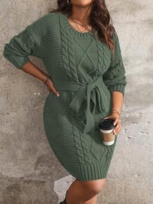 EMERY ROSE Plus Size Solid Color Twist Knot Elegant Long Sleeve Sweater Dress, Autumn/Winter - Green - View 1