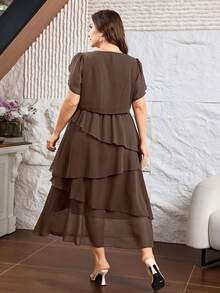Lacomfia Plus Size Short Sleeve Solid Color Chiffon Multi-Layer Asymmetrical Hem Midi Dress For Women Formal Wedding Guest Brown Summer Elegant - Coffee Brown - View 2
