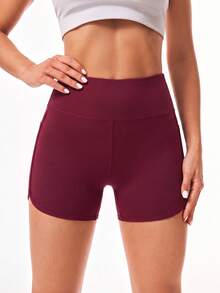 Slayform 1pc Burgundy High Waist Double Layer Women's Sports Shorts, With Zipper Pocket, Slim Fit, Suitable For Running Workout Summer - Burgundy - View 2