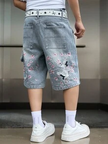 Manfinity EMRG 男士街頭風休閒刺繡藍色牛仔短褲 - 淺色水洗藍 - 查看 5
