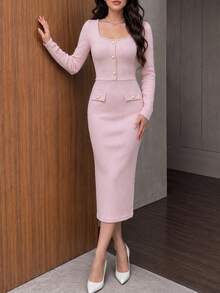 NOVVYNE 女款優雅方領珍珠飾邊前開鈕扣修身針織淺粉色中長洋裝，適合辦公室、雞尾酒會、約會、外出與日常穿著，秋季款 - 淺粉色 - 查看 7
