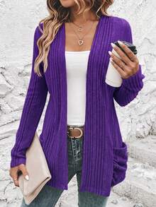 EMERY ROSE Casual Women's Ribbed Cardigan With Regular Fit & Open Front In Fall/Winter - Purple - View 6