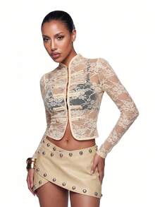 SHEIN ICON Women's French Sexy Lace Sheer Double-Breasted Long Sleeve Jacket - Beige - View 4