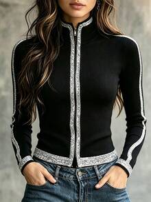 Balvessa Women's Colorblock Casual Versatile Daily Wear Long Sleeve Jacket - Black - View 5