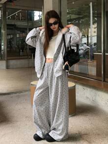 DAZY Women's All-Over Floral Print Long Sleeve Sweatshirt And Loose Long Pants, Casual Street Style Korean Two Pieces Set Fall - Grey - View 1