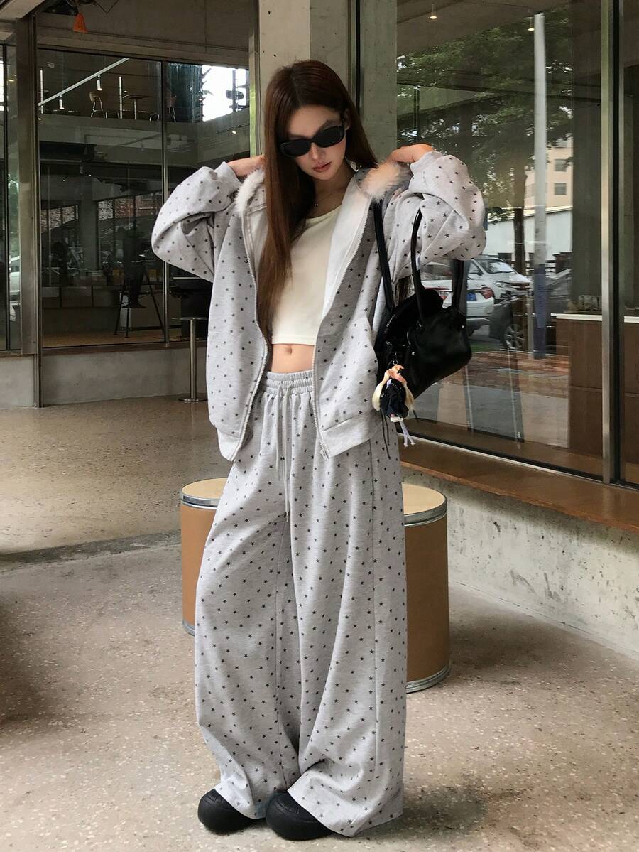 DAZY Women's All-Over Floral Print Long Sleeve Sweatshirt And Loose Long Pants, Casual Street Style Korean Two Pieces Set Fall - Grey - View 1