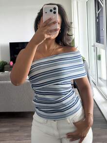leahseptember Atasan Tanpa Lengan Bergaris Ramping dengan Bahu Asimetris untuk Liburan Musim Panas Wanita - Biru - View 6