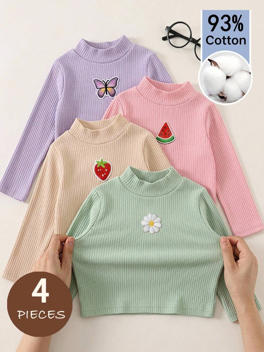 SHEIN Baby Girl Solid Color Knitted Soft Round Neck Long Sleeve Pullover Stand Collar Small Stand Collar Top 4pcs Set - Multicolor - View 1