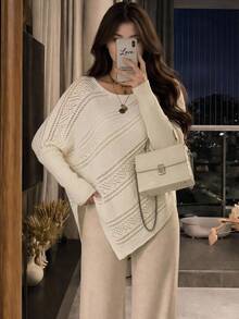 Freevana Plus Size Batwing Long Sleeve Asymmetric White Pointelle Knit Sweater With Slouchy Neck Ribbed Cuffs Diagonal Hem For Autumn Formal Vacation Bohemian - White - View 2
