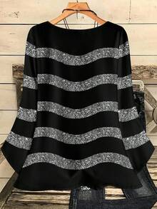 EMERY ROSE Plus Size Women Black Striped Autumn Shirt, Smart Casual Normal All-Over Print Round Neck Loose 3/4 Sleeve Tops, Night Out Club Flower Summer - Multicolor - View 4