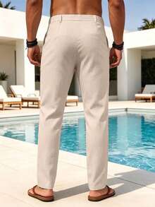 VENTUSAIL Men's Solid Color Drawstring Linen-Feel Casual Pants, Long Trousers With Pockets, Suitable For - Khaki - View 2