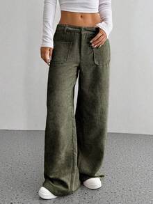 SHEIN Unity Spring Green Corduroy Wide Leg Pants For Women, Low Waist Popular Versatile Loose Straight Leg Long Pants, Front And Back Pocket Design, Street, Holiday - Army Green - View 4