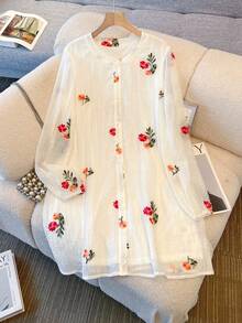 SHEIN Autumn‑Winter 3D Floral Embroidered Loose‑Fit Dress, Crinkled Fabric, Daily Commuter, Boho‑Chic Style - Beige - View 3