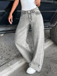 SHEIN 青少年女孩時尚休閒 Y2K 復古酷街頭返校大學風 後腰皮革標誌灰色丹寧寬鬆舒適寬腿牛仔褲 青少年女孩服飾 日常穿著 冬季與秋季 Rave 派對節慶穿搭街頭風服飾 - 淺灰色 - 查看 6