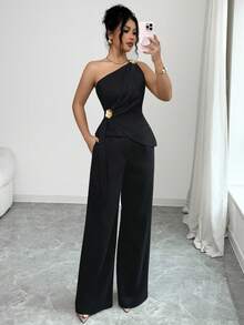 SHEIN Raffinéa 2件組女款不對稱單肩無袖上衣與裙子套裝，黑色夏季優雅風，適合日場派對、夜晚外出、酒吧派對 - 黑色 - 查看 4