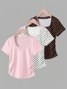 Tween Girls Simple Casual Waist Ruched 3 PiecesSet T-Shirt With Cartoon Pattern, Suitable For Summer - Multicolor - View 4