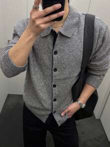 DAZY Spring/Autumn Gray Mixed Fabric Lapel Placket Black Contrast Color Men's Cardigan - Grey - View 5